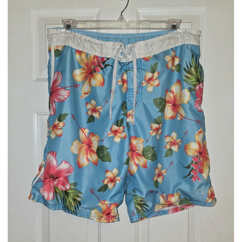 OP Ocean Pacific Mens Swim Trunks M 32-34 Blue Tropical Floral Coastal Resort